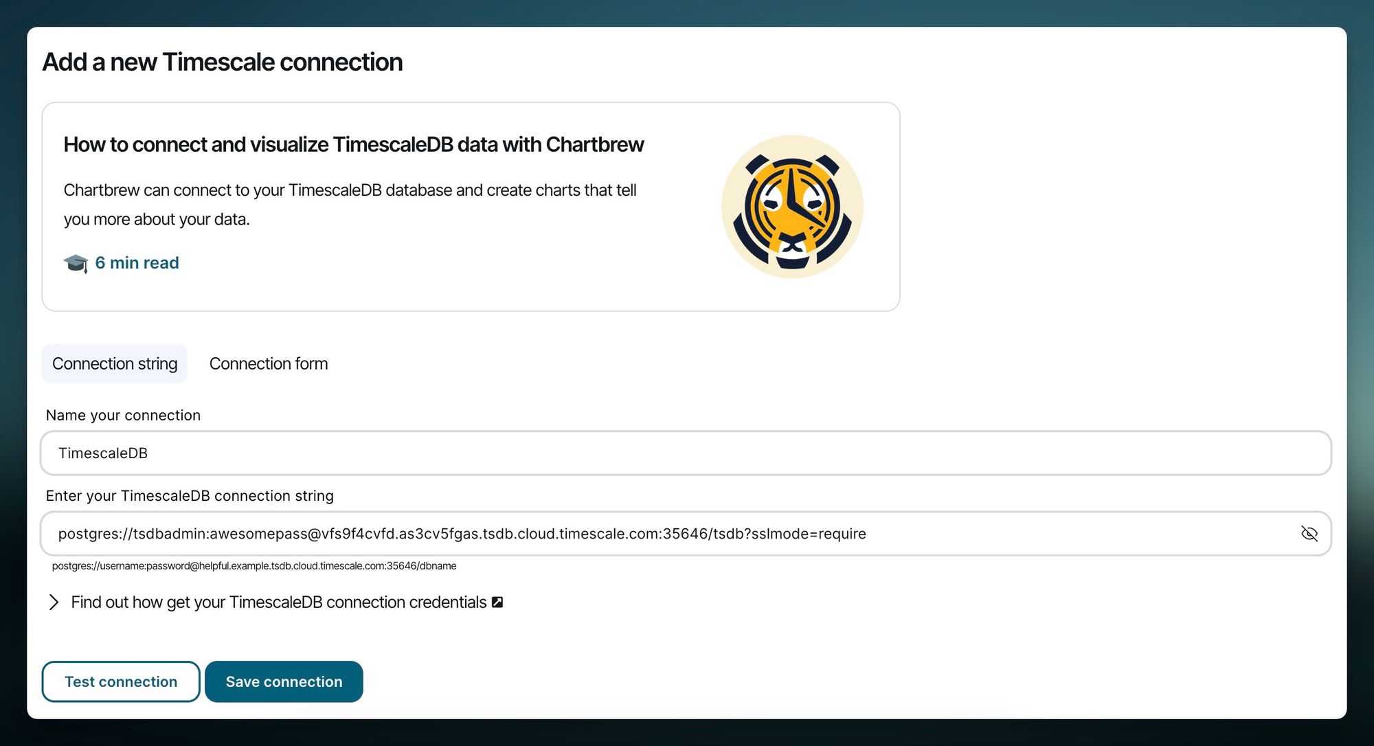 Add the TimescaleDB connection string in Chartbrew